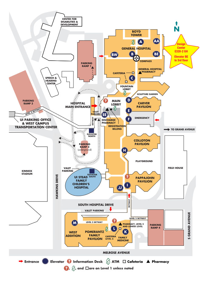 Map showing the Design Center located just off Elevator BE.